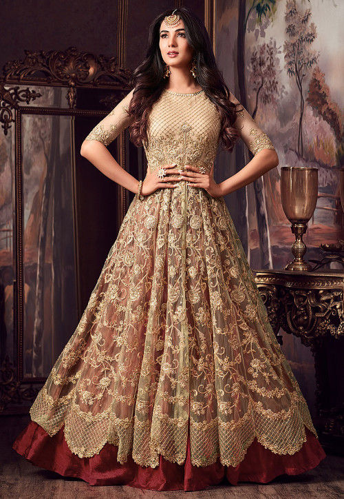 Embroidered Net Lehenga in Beige and Rust