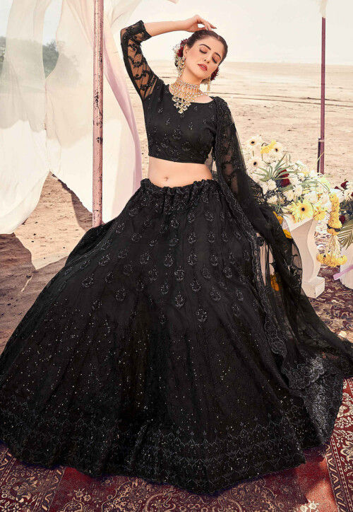 Buy Black Embroidered Lehenga With Organza Dupatta Wedding Wear Online at  Best Price | Cbazaar