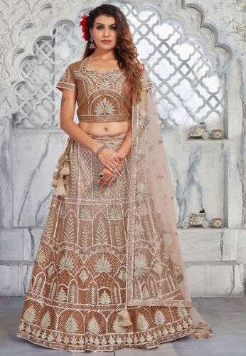 Embroidered Net Lehenga in Brown
