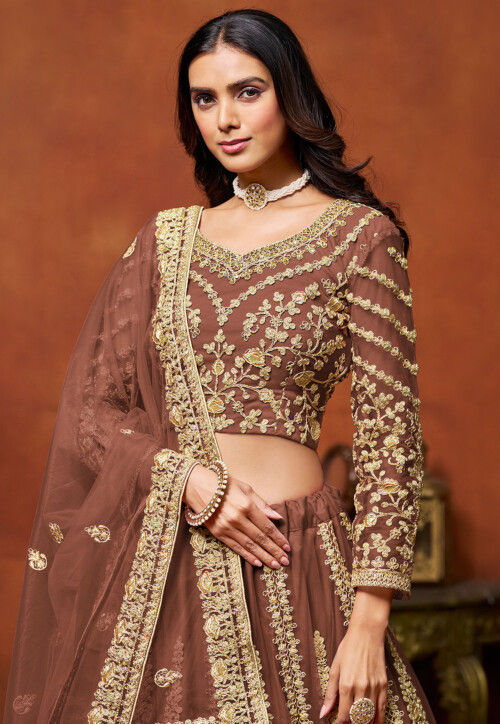 Embroidered Net Lehenga in Brown