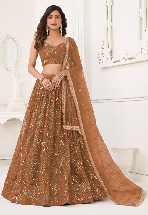 Embroidered Net Lehenga in Brown