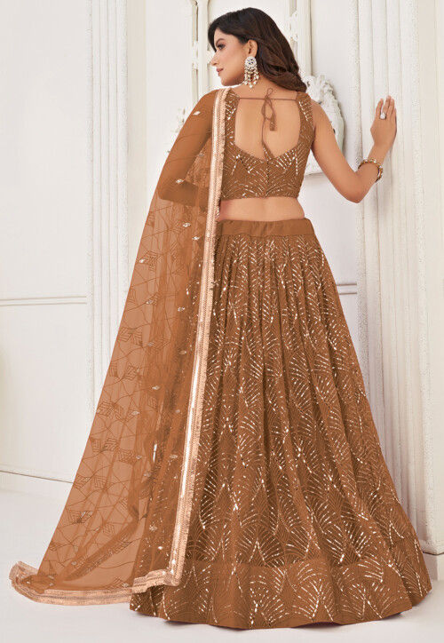 Embroidered Net Lehenga in Brown