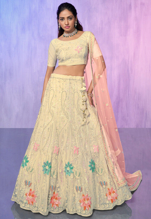 Embroidered Net Lehenga in Cream