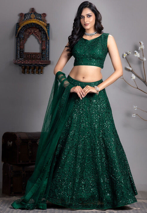 Embroidered Net Lehenga in Dark Green