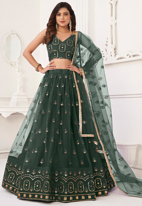 Embroidered Net Lehenga in Dark Green