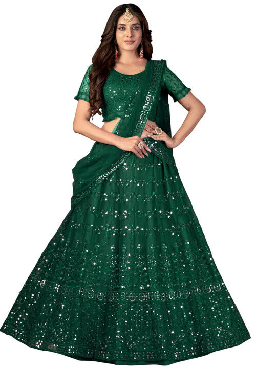 Dark green net lehenga clearance