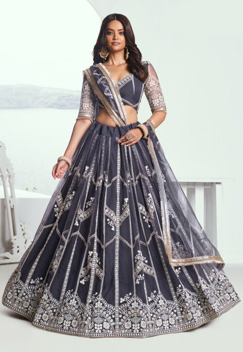 Embroidered Net Lehenga in Dark Grey