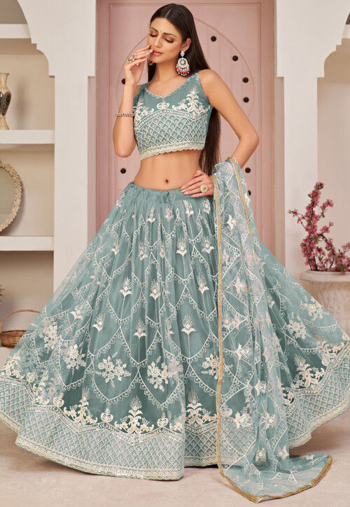 Embroidered Net Lehenga in Dusty Blue
