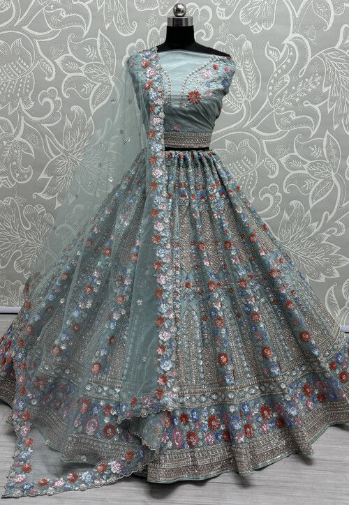 Embroidered Net Lehenga in Dusty Blue