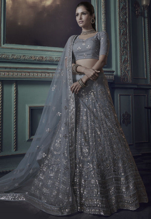 Embroidered Net Lehenga in Dusty Blue