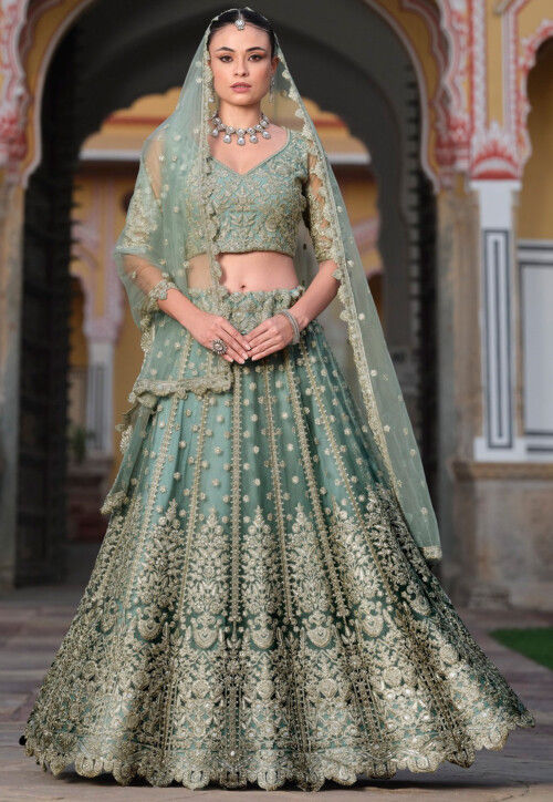 Embroidered Net Lehenga in Dusty Green