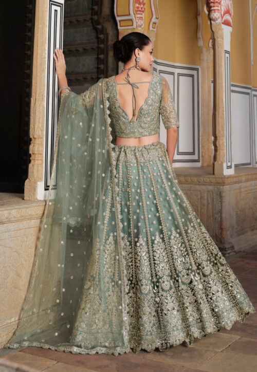 Embroidered Net Lehenga in Dusty Green