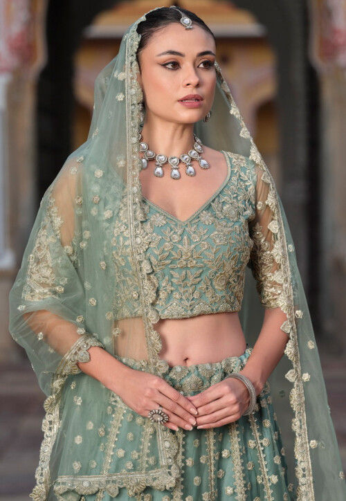 Embroidered Net Lehenga in Dusty Green