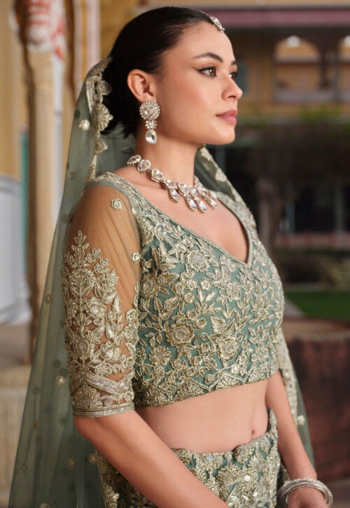 Embroidered Net Lehenga in Dusty Green