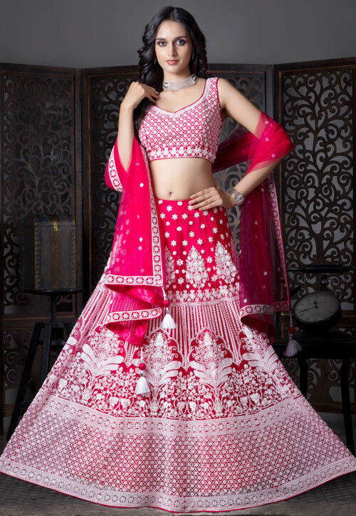 Embroidered Net Lehenga in Fuchsia