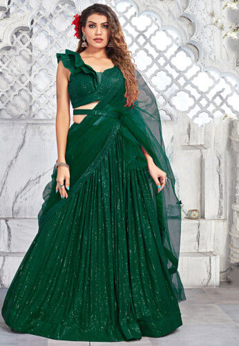 Embroidered Net Lehenga in Green
