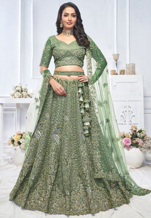 Embroidered Net Lehenga in Green