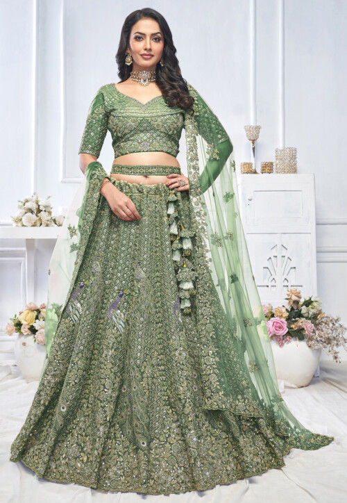 Embroidered Net Lehenga in Green