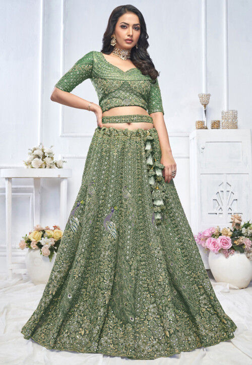 Embroidered Net Lehenga in Green