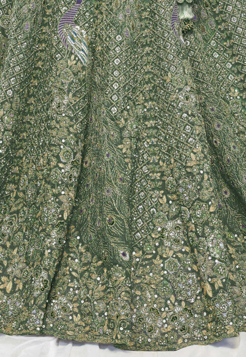 Embroidered Net Lehenga in Green