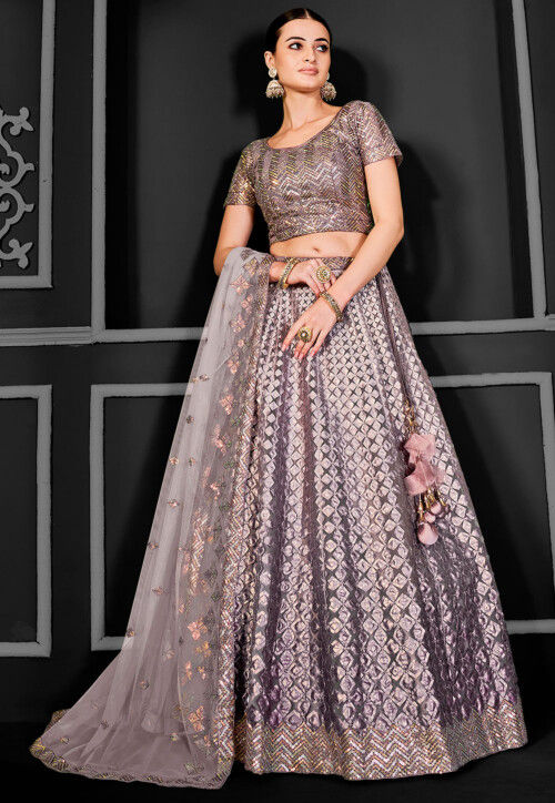 Embroidered Net Lehenga in Grey