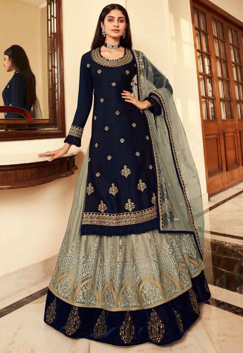 Embroidered Satin Georgette Lehenga in Navy Blue