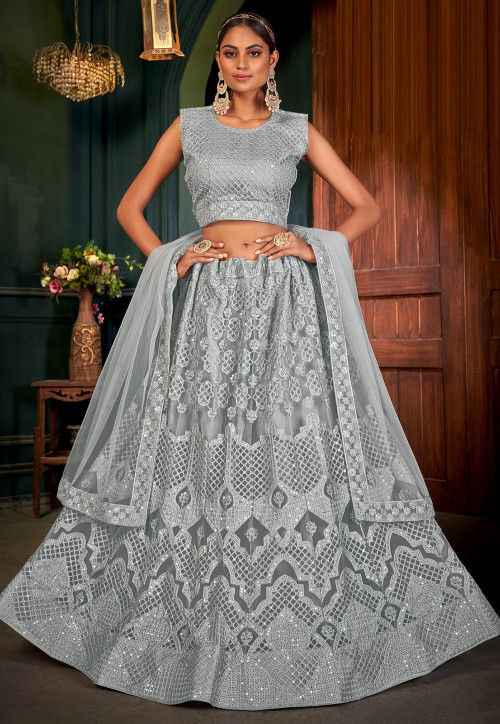 Embroidered Net Lehenga in Grey