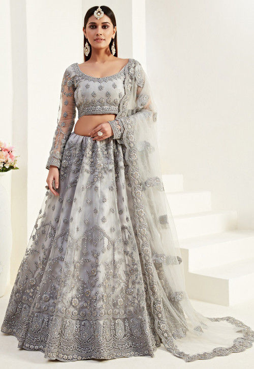 Embroidered Net Lehenga in Grey