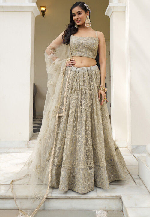 Embroidered Net Lehenga in Grey