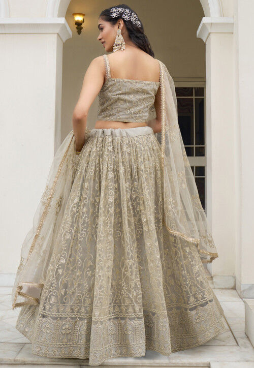 Embroidered Net Lehenga in Grey