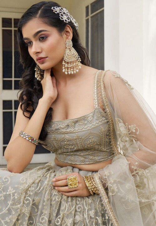 Embroidered Net Lehenga in Grey