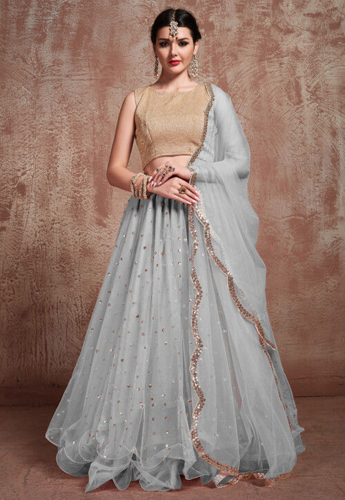 Embroidered Net Lehenga in Grey