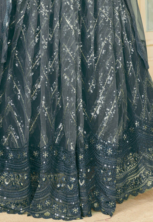 Embroidered Net Lehenga in Teal Blue : LCC892