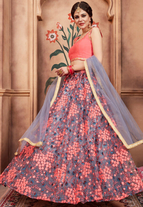 Embroidered Net Lehenga in Grey