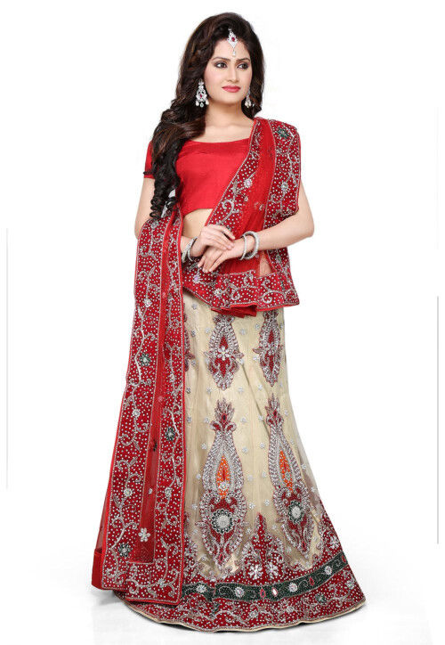 Embroidered Net Lehenga in Light Beige and Red