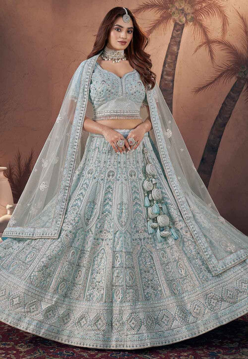 Embroidered Net Lehenga in Light Blue