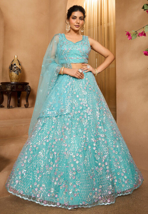 Embroidered Net Lehenga in Light Blue