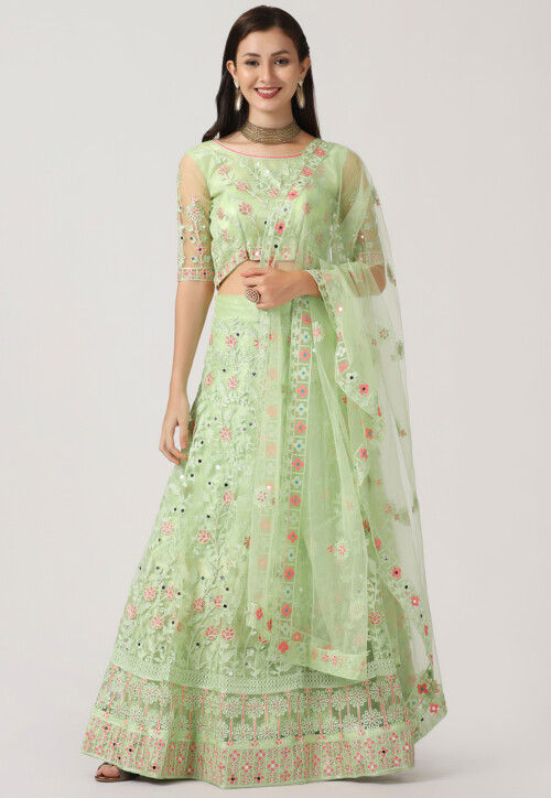 Embroidered Net Lehenga in Light Green