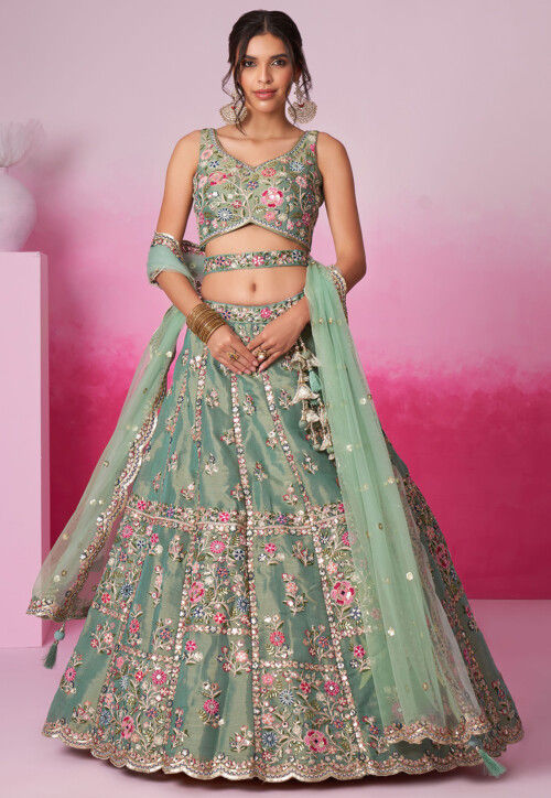 Embroidered Net Lehenga in Light Green