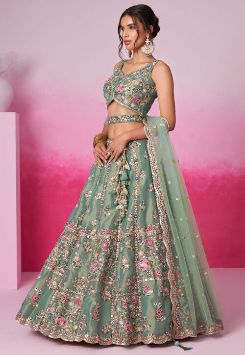 Embroidered Net Lehenga in Light Green
