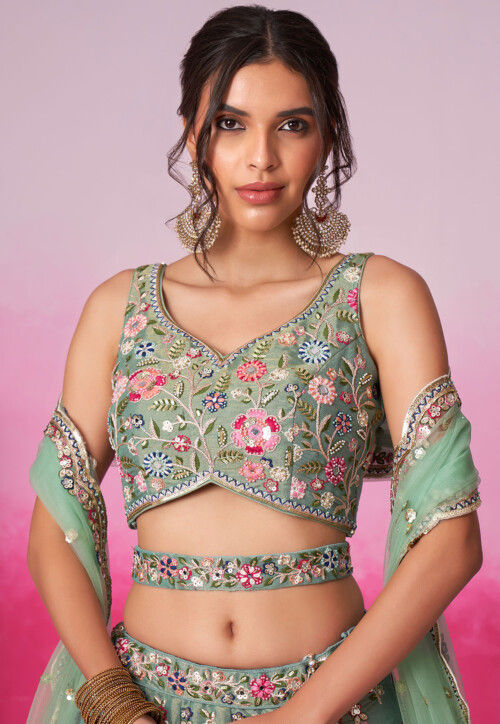 Embroidered Net Lehenga in Light Green
