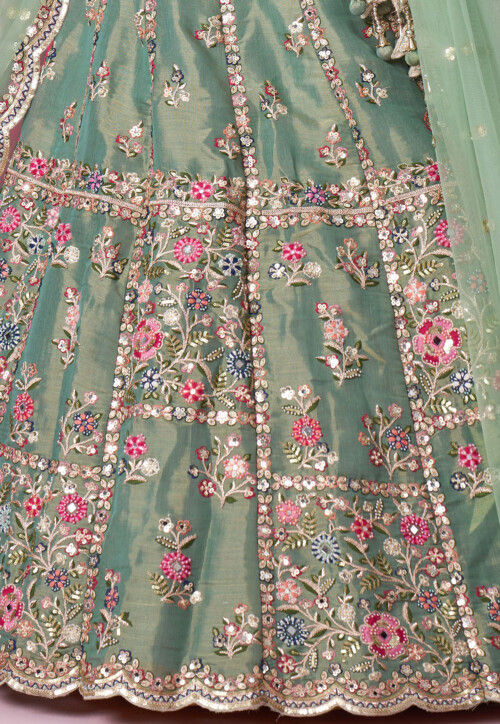 Embroidered Net Lehenga in Light Green