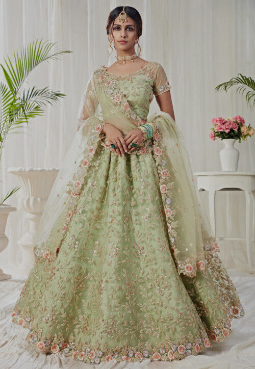 Buy the latest Giovanna bridal Lehenga Sage green-based, light gold
