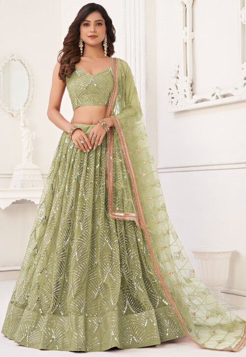 Embroidered Net Lehenga in Light Olive Green