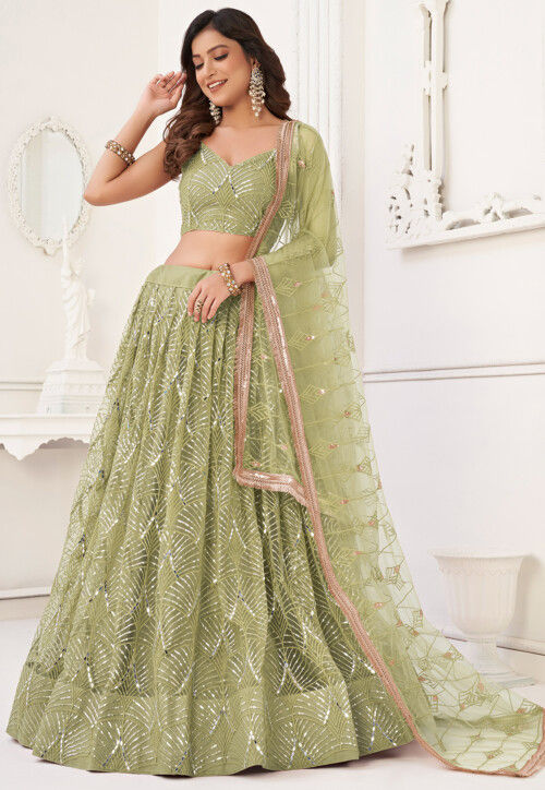 Embroidered Net Lehenga in Light Olive Green