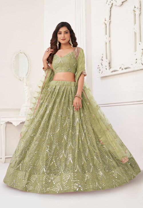 Embroidered Net Lehenga in Light Olive Green
