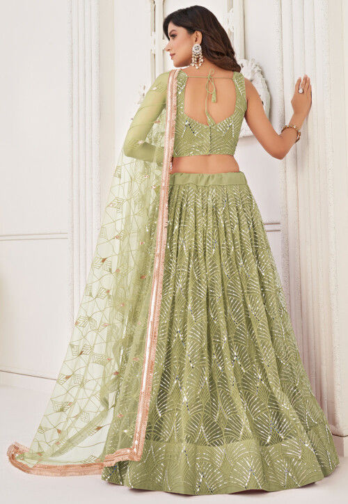 Embroidered Net Lehenga in Light Olive Green