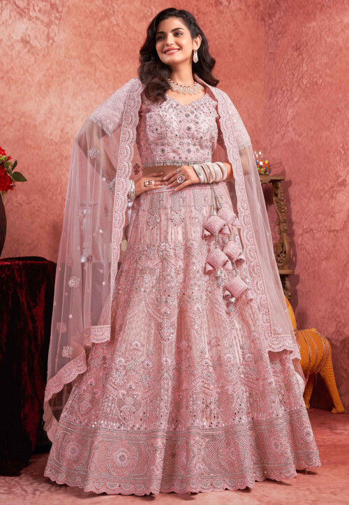 Embroidered Net Lehenga in Light Pink