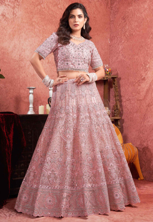 Embroidered Net Lehenga in Light Pink