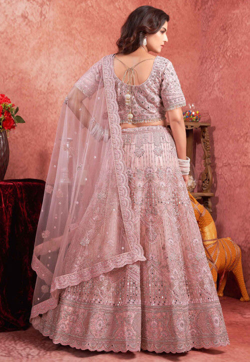 Embroidered Net Lehenga in Light Pink
